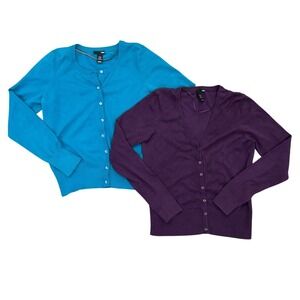 H&M Set of 2 Purple & Blue Preppy Knit Office Cardigan Sweaters Size Medium